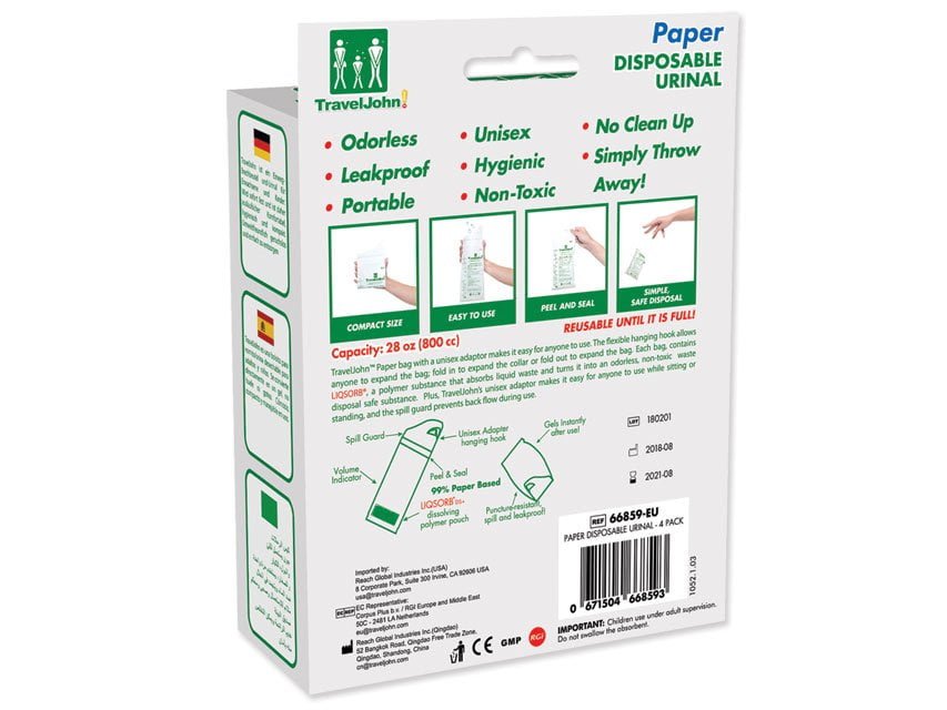 TRAVELJOHN PAPER DISPOSABLE URINAL 800cc